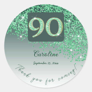 Falling Green Glitter, 90th Birthday Thanks Classic Round Sticker