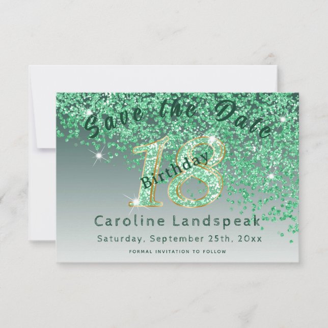 Falling Green Glitter for 18th Birthday Save The Date (Front)