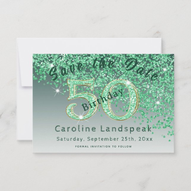 Falling Green Glitter for 50th Birthday Save The Date (Front)