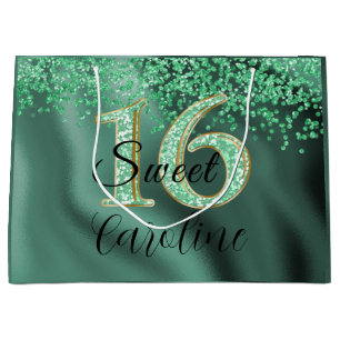 Falling Green Glitter Sweet 16 Birthday Large Gift Bag