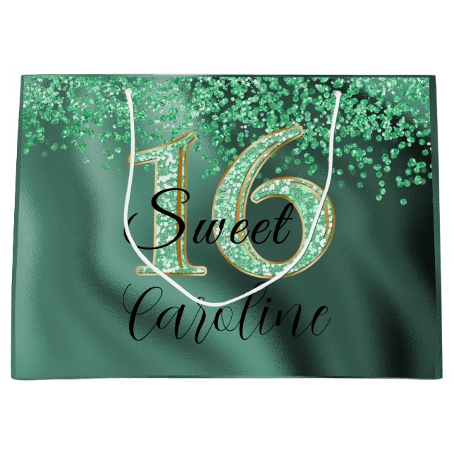 Falling Green Glitter Sweet 16 Birthday Large Gift Bag (Front)