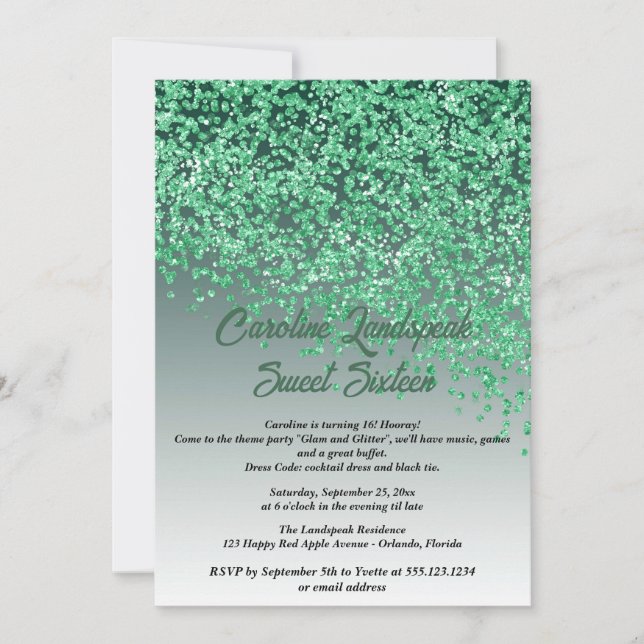 Falling Green Glitter Sweet Sixteen Invitation (Front)