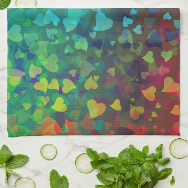 Falling Hearts Red and Green Tea Towel (Folded)