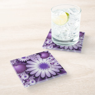 Falling in Love Abstract Flowers & Hearts Fractal Glass Coaster