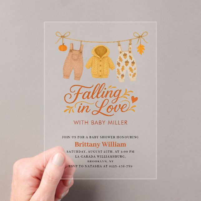 Falling in Love Autumn Baby Clothes Baby Shower Acrylic Invitations (Insitu (Handheld))