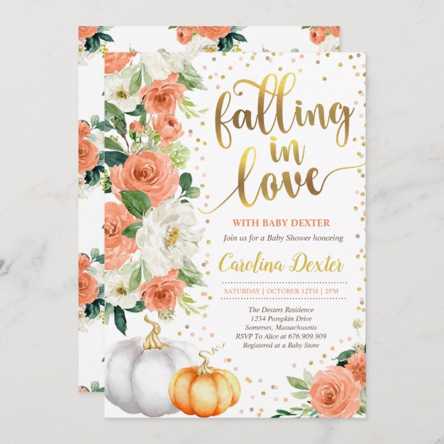 Falling In Love Baby Shower Invitation Orange Gold (Front/Back)