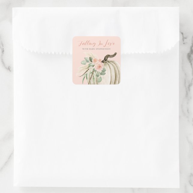 Falling In Love Baby Shower Pumpkin Floral Pink  Square Sticker (Bag)