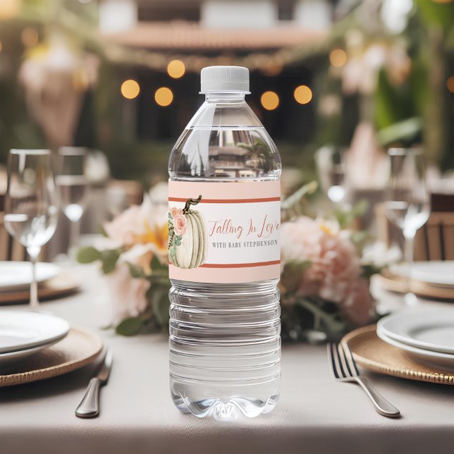 Falling In Love Baby Shower Pumpkin Floral Pink  Water Bottle Label (Creator Uploaded)
