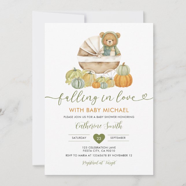 Falling in love Bear Pumpkin Baby shower Gingham Invitation (Front)