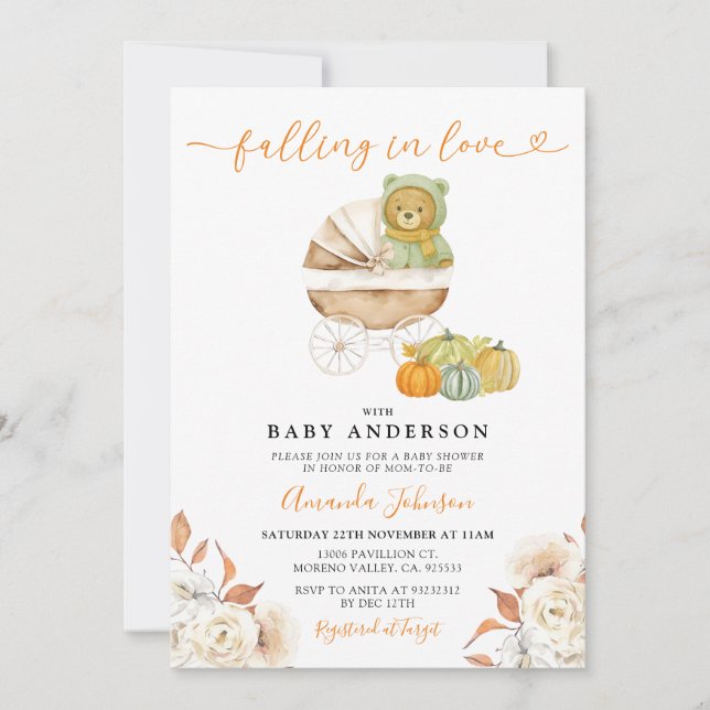 Falling In Love Bear Stroller Pumpkin Baby Shower Invitation (Front)