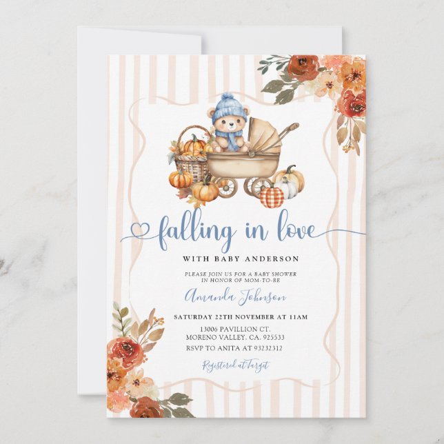 Falling in Love Fall Baby Shower Boy Bear Invitation (Front)