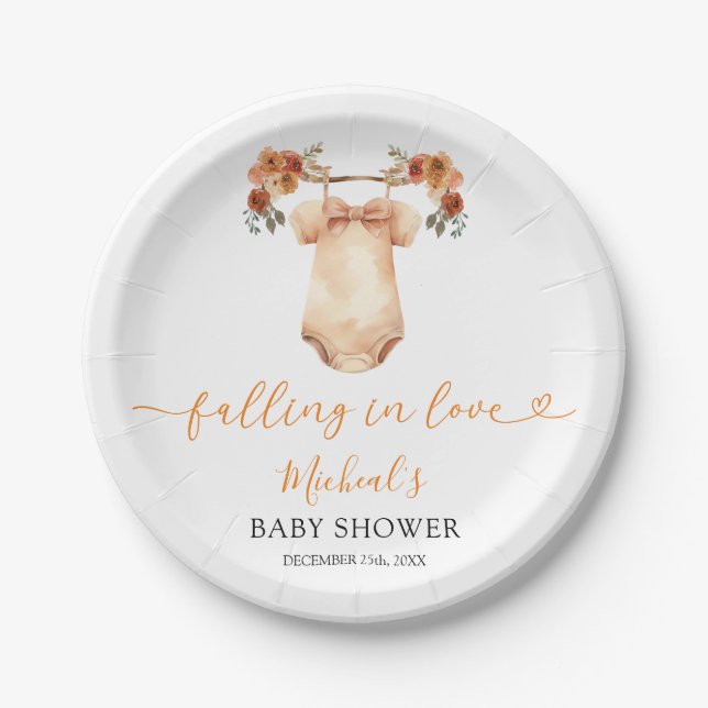 Falling In Love Floral Baby Clothes Baby Shower Paper Plate (Front)