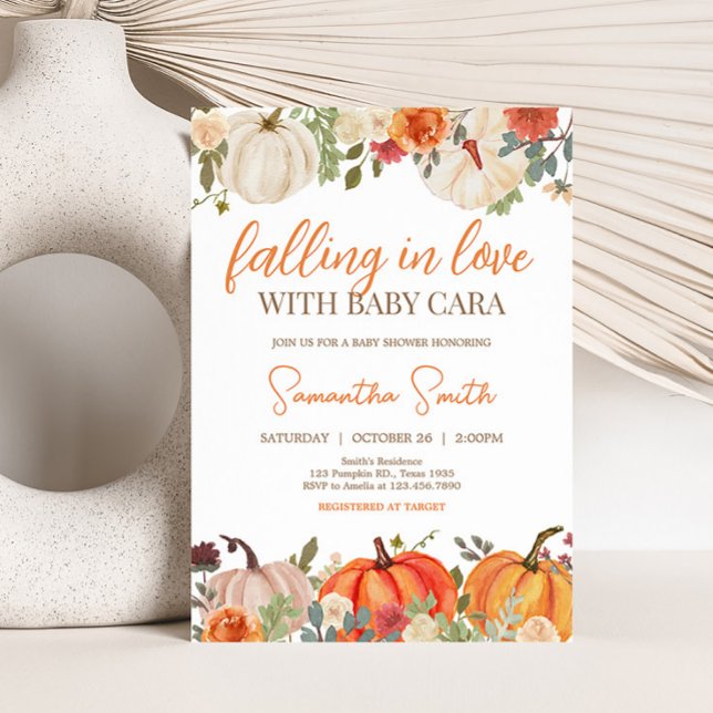 Falling In Love Floral Pumpkin Baby Shower Invitation (Fall Floral Pumpkin Baby Shower Invitation)