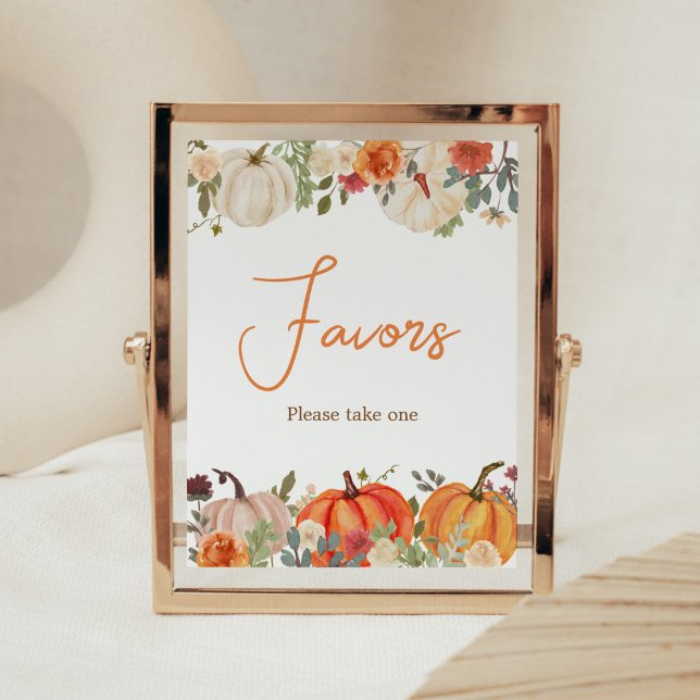 Falling In Love Floral Pumpkin Favours Baby Shower Poster (Fall Floral Pumpkin Baby Shower Favors Sign)