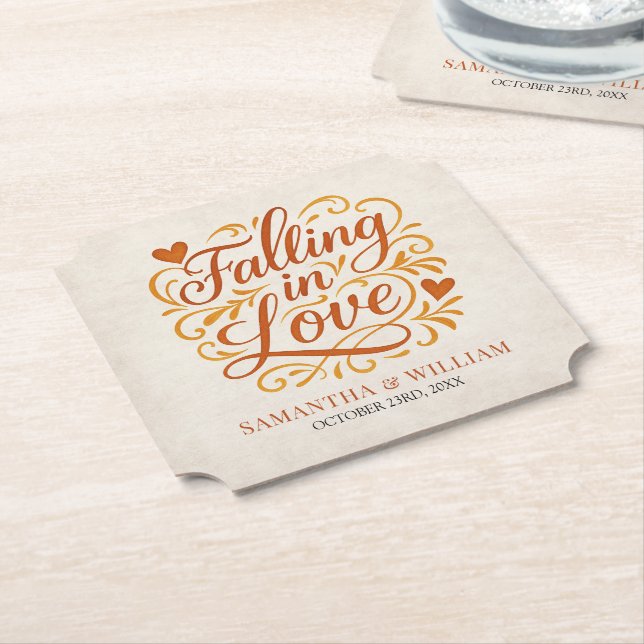 Falling in Love Modern Autumn Wedding  Paper Coaster (Angled)