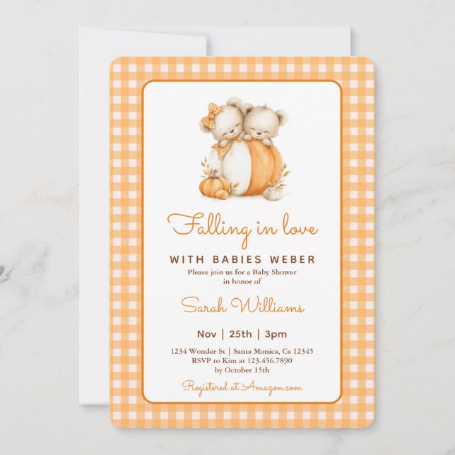 Falling in Love Pumpkin Twins Baby Shower Invitation (Front)