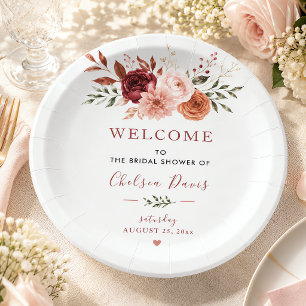 Falling In Love Rustic Floral Burgundy Custom Paper Plate