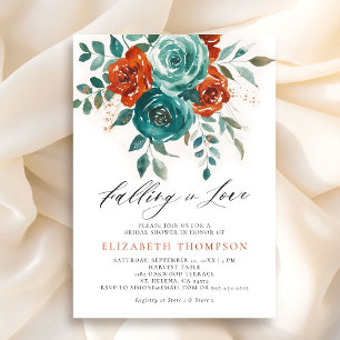 Falling in Love Teal Burnt Orange Bridal Shower Invitation