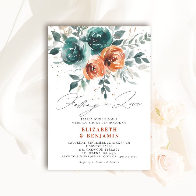 Falling in Love Whimsical Wedding Bridal Shower Invitation (falling in love wedding shower invitation teal burnt orange terracotta watercolor floral boho)