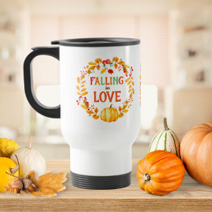 Falling in Love Wreath Autumn Leaves Pumpkin Travel Mug