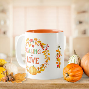 Falling in Love Wreath Autumn Leaves Pumpkin Two-Tone Coffee Mug