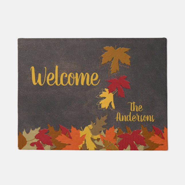 Falling Leaves Autumn Colours Family Name Door Mat (Front)