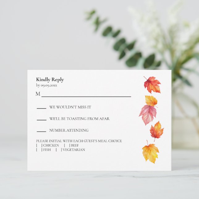 Falling Leaves Autumn Modern Wedding Response, RSVP Card (Standing Front)