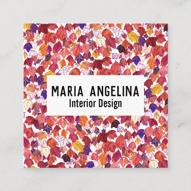 Falling Leaves Autumn Watercolor Design Square Business Card (Front)