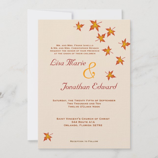 Falling Leaves Autumn Wedding Invitation 5x7 Linen (Front)