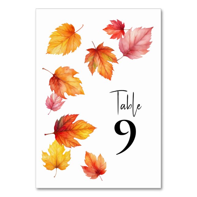Falling Leaves Autumn Wedding Table Numbers, Number (Front)