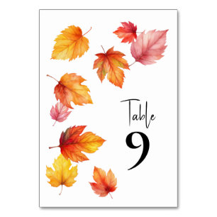 Falling Leaves Autumn Wedding Table Numbers, Table Number