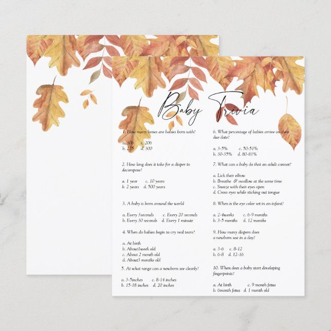 Falling leaves - Baby Trivia | Baby Shower Game (Front/Back)