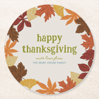 Falling Leaves Happy Thanksgiving Round Paper Coaster