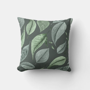 Falling leaves in shades of green grey celadon cushion