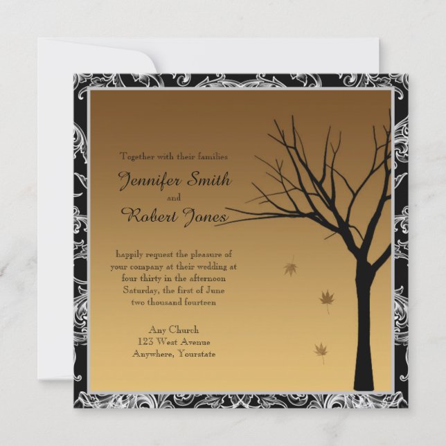 Falling Leaves on Damask Wedding Invitation (Front)