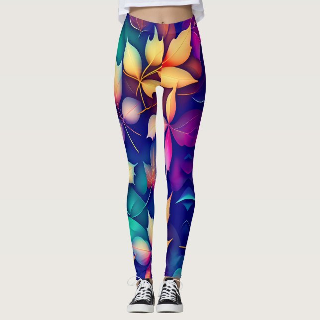 Falling leaves Violet Gradient Rainbow Pattern Leggings (Front)