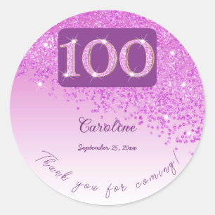 Falling Pink Glitter, 100th Birthday Thanks Classic Round Sticker