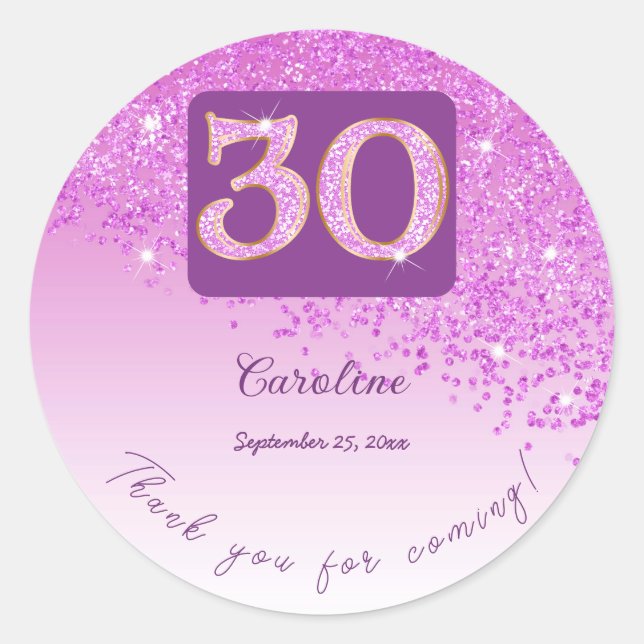 Falling Pink Glitter, 30th Birthday Thanks Classic Round Sticker (Front)