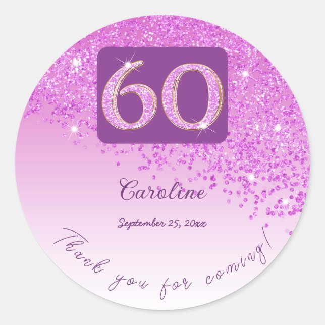Falling Pink Glitter, 60th Birthday Thanks Classic Round Sticker (Front)