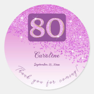 Falling Pink Glitter, 80th Birthday Thanks Classic Round Sticker
