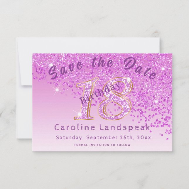 Falling Pink Glitter for 18th Birthday  Save The Date (Front)