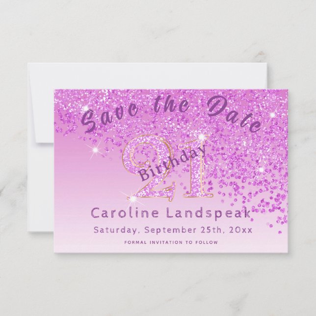 Falling Pink Glitter for 21st Birthday Save The Date (Front)