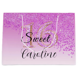 Falling Pink Glitter Sweet 16 Birthday  Large Gift Bag