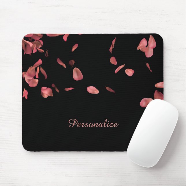 Falling Pink Rose Petals on Black Personalise Mouse Mat (With Mouse)