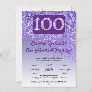 Falling Purple Glitter 100th Birthday Party Invitation