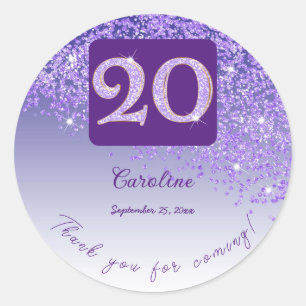 Falling Purple Glitter, 20th Birthday Thanks Classic Round Sticker