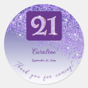 Falling Purple Glitter, 21st Birthday Thanks Classic Round Sticker