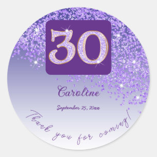 Falling Purple Glitter, 30th Birthday Thanks Classic Round Sticker