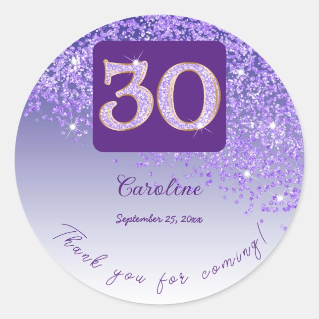 Falling Purple Glitter, 30th Birthday Thanks Classic Round Sticker (Front)