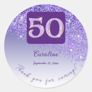 Falling Purple Glitter, 50th Birthday Thanks Classic Round Sticker